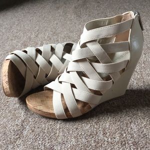 BCBG tan wedge strap sandal